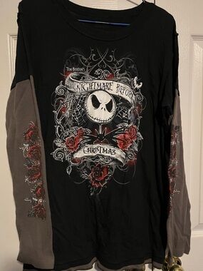The Nightmare Before Christmas Graphic Long Sleeve Shirt - Black with Red Roses